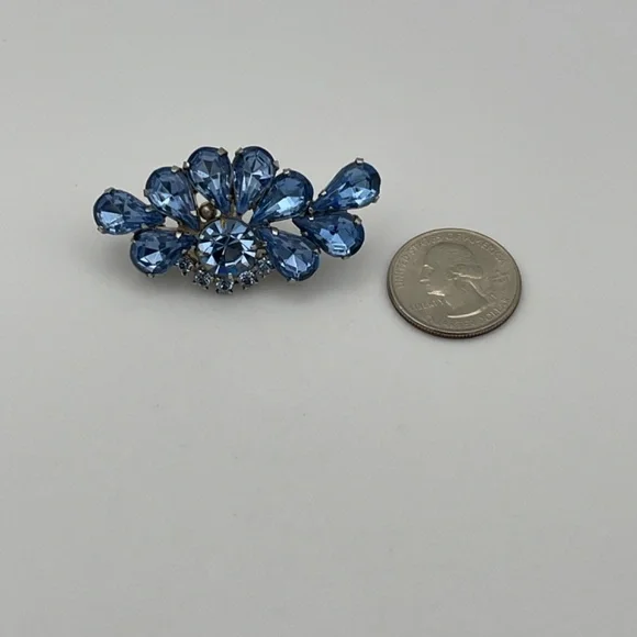 Vintage Brooch Blue Rhinestones 2" Asymmetrical Design - Picture 7 of 7